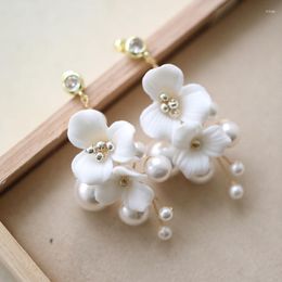 Dangle Earrings Porcelain Flower Bridal Pearls Wedding Jewellery Gold Silver Colour Handmade Women Drop Earring