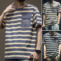 Men's T Shirts O-Neck Short Sleeve Letter Patch Pocket Men T-shirt Summer Striped Print Simple Tee Shirt Pullover Top Streetwear