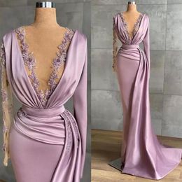 NEW Elegant Satin Mermaid Evening Dresses with Long Sleeves Deep V Neck Lace Appliqued Prom Party Gowns Arabic Aso Ebi Ruched S262h