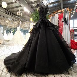 New Arrival Luxury Ball Gown Black Wedding Dresses Gothic Court Vintage Non White Bridal Wed Gowns Pricness Long Train Beaded Cap 2775