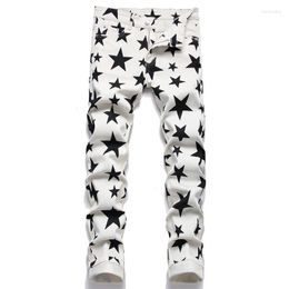 Men's Jeans 2023 European American Men White Spring Star Printing Pants Slim Fashion Stretch Casual Denim Trousers