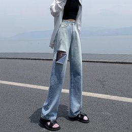 Women's Jeans Pants For Women Ripped Trousers Blue Straight Leg With Pockets Torn Holes Cowboy Luxury Designer Grunge Y2k Emo Z