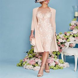 2 Pieces Pink Mother Of Bride Dresses Lace Chiffon Jewel 3 4 Sleeve Knee Length Mother Dress Capped for Weddings213h