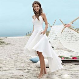 Simple White Asymmetrical A Line Wedding Dresses V Neck Spaghetti Strap Satin Bridal Dress Backless Beach Wedding Gown vestido de 201G