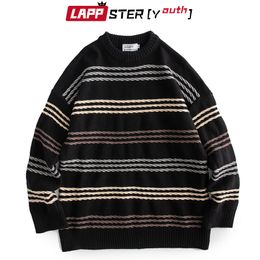 Men's Sweaters LAPPSTERYouth Men Harajuku Black Striped Grandpa Sweater 2023 Mens Vintage Streetwear Ugly Male Kpop Fashion Pullovers 230731