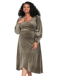 Plus Size Dresses Long Sleeve Winter Chic Dress Women Velvet V-neck Empire Split Evening Female Big Christmas 4XL 5XL