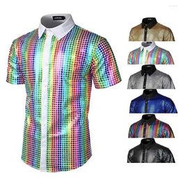 Men's Casual Shirts Men Shiny Short Sleeve Up Shirt Nightclub Prom Disco Party Costume Big Size Button Blouse Tees Male Retro
