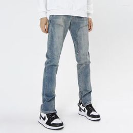 Men's Jeans Retro Harajuku High Street Patchwork Zipper Slit Straight Flare Pants Mens Oversized Casual Hip Hop Denim Trousers 5031