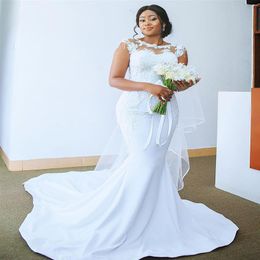 2020 Plus Size Arabic Aso Ebi Lace Beaded Mermaid Wedding Dresses Sheer Neck Bridal Dresses Satin Wedding Gowns ZJ054247W