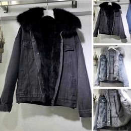 Women's Fur Faux Fur Women Winter Clothes Vintage Cotton Thick Warm Denim Coat Women Denim Jacket Oversized Loose Fur Collar Plus Velvet Jean Parkas HKD230727