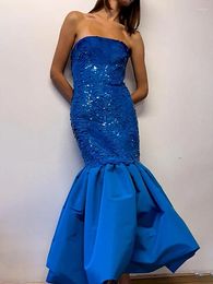Party Dresses Homecoming Ocean Blue Sleeveless Strapless Mermaid Ankle-Length Sequined Wear Evening Prom Gowns 2023
