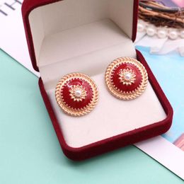 Stud Earrings Round Oil Painting Red Imitated Pearls Pretty Retro Wedding Party Mujer Gift