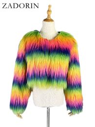 Women's Fur Faux Fur ZADORIN Fashion Colourful Rainbow Hairy Faux Fur Coat Women Crop Top 2023 Autumn Winter Fluffy Cropped Jacket Festival Clothing HKD230727