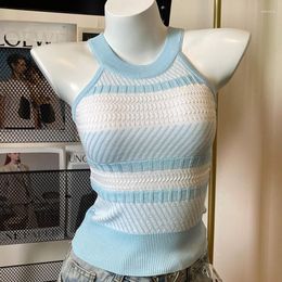 Women's Tanks Blue Striped Neck Knit Vest Tight Inside High-grade Sense Age Reduction Fashion Summer Base Sleeveless T-shirt