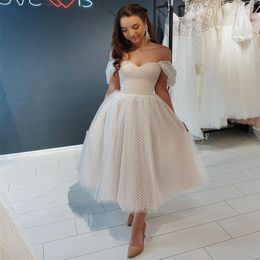 Short Wedding Dress 2021 Off Shoulder Ankle Length Point Net Bridal Gown Gorgeous For Women Brides Tulle Robe De Mariee Graceful313u