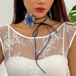 Sexy Rhinestone Large Blue Rose Flower Choker Necklace for Women Wed Bridal Adjustable Rope Bowknot Chain Halloween Jewellery