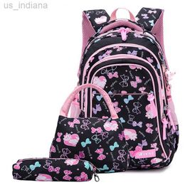 School Bags New 3-piece/set butterfly print school bag suitable for young girls primary waterproof nylon school bag children's princess backpack Mochila baby Z230801