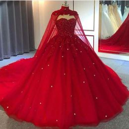 Red Ball Gown Wedding Dresses With Wrap Sweetheart Lace Crystal Bead Robe De Mariee Custom Made Arabic Wedding Gowns257u