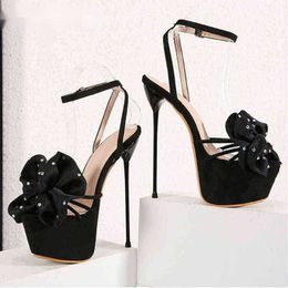 Sandals Summer Flower Women Pumps Party Shoes Platform Stiletto Heels Open Toe High Dress Black 220232