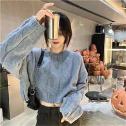 Women's Sweaters 2023 Blue Short Knit Sweater Lazy Style Versatile Design Long-Sleeved Tops For Autumn And Winter H1051