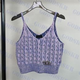 Womens Knit Tanks Sexy Cropped T Shirt Purple Tops Metal Logo Camisoles V Neck Vests Women Clothing