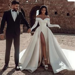 A Line Wedding Dresses Graceful 2023 Off The Shoulder Neck Bridal Gowns With Detachable Train Side Split Satin Vestido De Novia B0322v