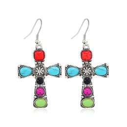 Bohemian Ethnic Colorful Stone Cross Shape Drop Earrings for Women Vintage Silver Color Metal Gypsy Tribal Party Jewelry Gift