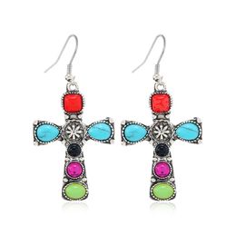 Bohemian Ethnic Colourful Stone Cross Shape Drop Earrings for Women Vintage Silver Colour Metal Gypsy Tribal Party Jewellery Gift