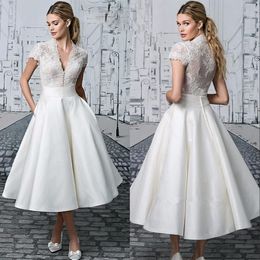 Vintage Lace Tea Length A Line Wedding Dresses 2020 V Neck Short Sleeves Short Bridal Gowns Simple Party Gowns BA2318246d