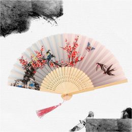 Chinese Style Products Vintage Silk Folding Fan Japanese Pattern Art Craft Gift Home Decoration Ornaments Dance Hand Drop Delivery Gar Dhhi1