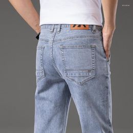 Men's Jeans 2023 Brand Fit Straight Lightweight Cotton Stretch Denim Business Casual High Waist Light Blue