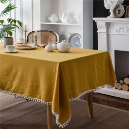 Table Cloth Washed Cotton Rectangular Tablecloth Solid Color With White Ball Tassel Cover Home Dinner Tea Decoration