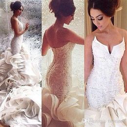 Newest Cathedral Train Sweetheart Mermaid beach wedding Dresses Beaded Lace Ruffles Backless Luxury Sparkly Trumpet Bridal Gowns C278M