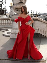 Sexy Red Satin Evening Dresses With Detchable Train Side Split Pleats Off The Shoulder V-Neck Special Occasion Gowns For Women Fitted Long Prom Dress
