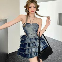 Casual Dresses Summer Lady Fashion Ripped Tassel Pleated Ball Gown Denim Camisole Dress Woman Chain Chest Wrapping Spaghetti Strap