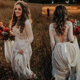 Bridal Dresses 2021 See Through A-line Backless Long Sleeve Bohemian Country Wedding Dresses Lace Tulle Beach robes de mariee208h