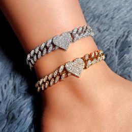 Anklets Flatfoosie Fashion Bling Paved Crystal Heart Cuban For Women Iced Out Link Chain Ankle Bracelet Beach Foot Jewellery