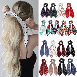 fashion summer Ponytail Scarf Elastic Hair Rope for Women Hair Bow Ties Scrunchies Hair Bands Flower Print Ribbon Hairbands209N