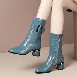 Boots Fall/Winter Mid Calf Boots Woman 5.5cm Heel Short Boots Women's Winter Shoes Plush Booties Zip Buckle for Female Black Blue 230729