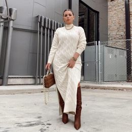 Casual Dresses RMSFE 2023 Ladies Fashion Temperament Commuting Slim Semi High Neck Long Sleeve Slit Fried Dough Twist Sweater Dress