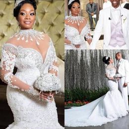 Plus Size African Mermaid Wedding Dresses nigerian Arabic High Neck Long Sleeve Lace Beadings Court Train Luxury Bridal Gowns242F
