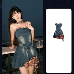 Casual Dresses Summer Women Sweet Ladies Ripped Tassel Flower Patchwork Spaghetti Strap Denim Dress Woman Clothing Irregular Camisole