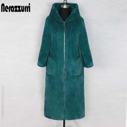 Women's Fur Faux Fur Nerazzurri Winter Long faux fur coat with Hood Long Sleeve Zipper Black Furry Fake Rabbit Fur Outwear Plus Size Korean Fashion HKD230727