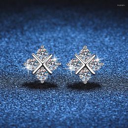 Stud Earrings 0.8ct D Color Moissanite Cross Women 925 Sterling Silver 4 Stone Diamond Ear Studs Platinum Plated