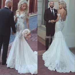 Elegant Off the Shoulder Mermaid Wedding Dresses Lace Applique Sweep Train Sweetheart Neckline Beach Wedding Gown Vestido de novia212j