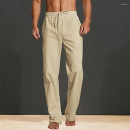 Men's Pants Men Solid Colour Straight Wide Leg Long Mid-rise Elastic Waistband Drawstring Sports Trousers Streetwear