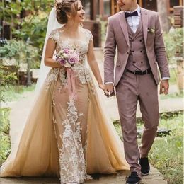 Vintage Boho Champagne Mermaid Wedding Gowns With Detachable Train 2021 Rustic 2 in 1 Plus Size Garden Country Bridal Dresses300a