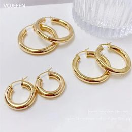 Hoop Earrings VOJEFEN 18K Real Gold Women Jewellery AU750 Round Thicker Hoops Huggie Waggie Earring Pattern Chunky Punk Luxury Earings