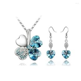 Necklace Earrings Set Crystal Clover 4 Leaf Leaves Floating Heart Pendant Earring Fashion Jewellery Girl Birthday Summer Lover Quality Gift