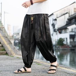 Men's Pants Mens Black Print Cropped Harajuku Loose Ice Silk Harem Oversize Streetwear Aesthetics Trousers Elastic Pantalones